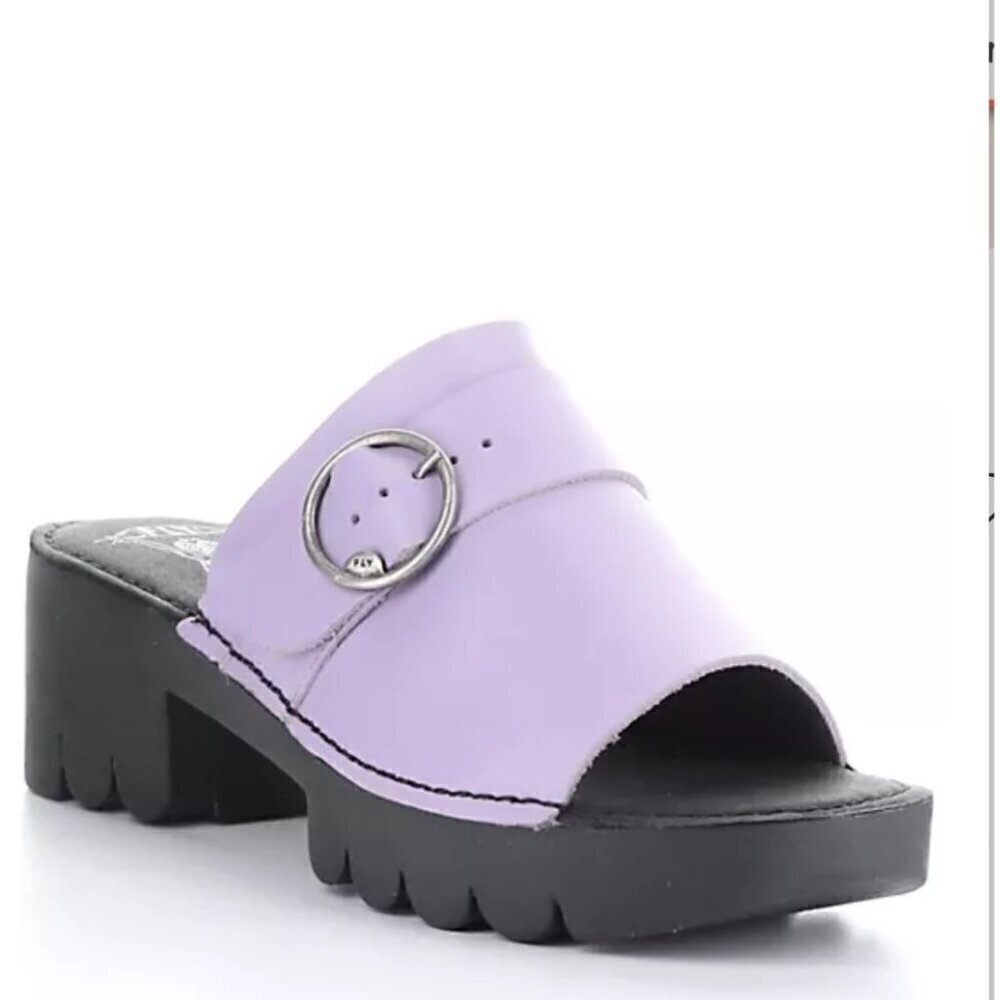 Fly London Leather Chunky Heels Sandals, Eple Violet, Size 40